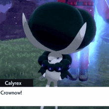 a video game character named calyrex is standing in a field