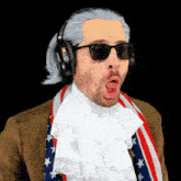 a man wearing a wig and headphones has his tongue out