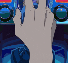 a cartoon drawing of a person 's hand holding a blue object