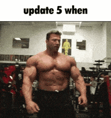 a very muscular man in a gym with the words update 5 when on the bottom