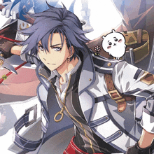 a drawing of a man with a sword and a bear on his shoulder