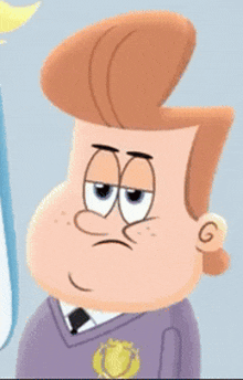 a close up of a cartoon character wearing a purple sweater and tie .