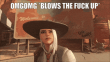 a woman in a cowboy hat is blowing the fuck up