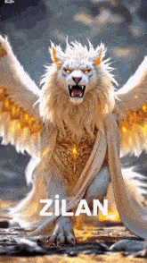 a painting of a white lion with wings and the name zilan