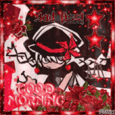 a picture of a girl with a cherry on her nose and the words good morning