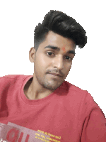 a young man wearing a red shirt with the word " all " on the front