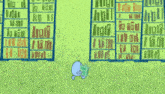 a cartoon character holding a sword in front of a row of shelves
