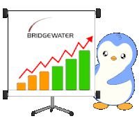 a penguin is standing next to a board with a bridgewater logo on it