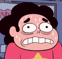 a close up of a cartoon character 's face with sweat coming out of his eyes .