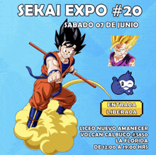 a poster for the sekai expo # 20 shows goku flying through the air