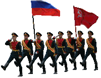 a group of soldiers marching in a line holding a russian flag and a red flag with a hammer and sickle