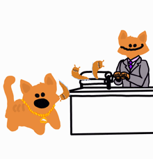 a cartoon cat with a gold chain around its neck stands in front of a man in a suit