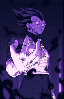 a purple and black drawing of a man with his hand outstretched