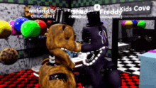 two freddy 's bears are kissing in a room with balloons .