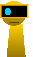 a yellow cartoon character with a blue circle in his eye