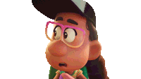 a cartoon character with glasses and a hat looks surprised
