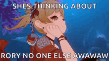 a cartoon of a girl with a ponytail is thinking about rory no one else awawaw .