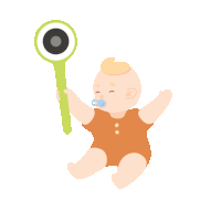 a baby with a pacifier is holding a green object with a black eye