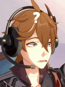 a cartoon character wearing headphones has a question mark on his head
