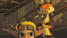 a cartoon character is wearing a hat and holding a gun next to a fox .