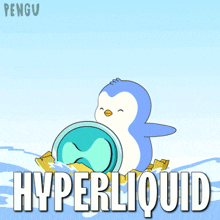 a penguin is standing on a coin and the words hyperliquid are below it