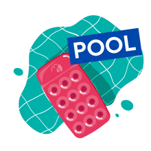 an illustration of a pool with a blue sticker on it