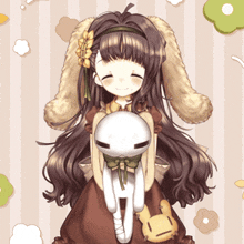 a girl with long hair is holding a stuffed rabbit