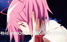 a picture of a girl with pink hair and the words " the innocent lesbian star " below her
