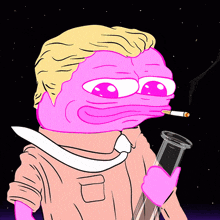 a pink cartoon character is smoking a cigarette while holding a bong