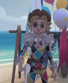 a clown is standing on a beach with balloons and surfboards in the background