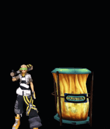 a cartoon character is standing next to a dustbin on a black background