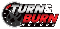 a logo for turn & burn motors with a speedometer on it