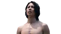 a shirtless man with long black hair reaches out his hand