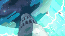 a cartoon drawing of a tower in the sky