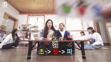a group of girls are sitting around a table with twice written on the top
