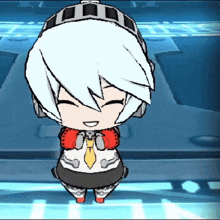 a cartoon character with white hair and headphones is smiling