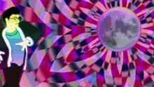 a man in glasses stands in front of a full moon in a psychedelic painting