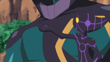 a cartoon character with yellow eyes is standing next to a larger cartoon character
