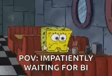 a cartoon of spongebob squarepants sitting at a table in a diner waiting for bi .