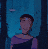 a cartoon woman with a choker and earrings is standing in a dark room