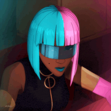 a drawing of a woman with blue and pink hair and the name vicky on the bottom right