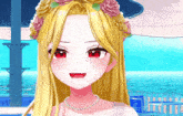 a girl with blonde hair and red eyes is wearing a flower crown