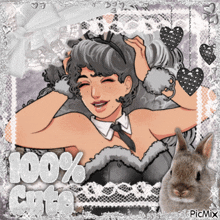 a picture of a girl and a rabbit with the words 100 % cute