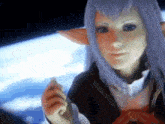 a close up of a cartoon character with purple hair