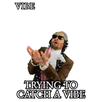 a man in a pirate costume is clapping with the words trying to catch a vibe above him
