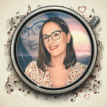 a woman wearing glasses is surrounded by musical notes