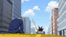 a man in a suit sits on a yellow staircase while a boy with a sword looks on