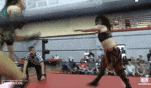 two women are wrestling in a ring with the word hcw on the bottom right