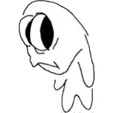 a black and white drawing of a cartoon character with a sad face and big eyes .