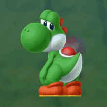 a green yoshi from mario kart is standing on a green background .